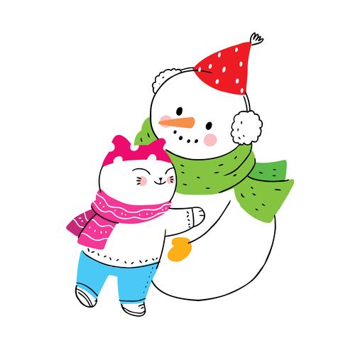 gato y muñeco de nieve abrazándose vector