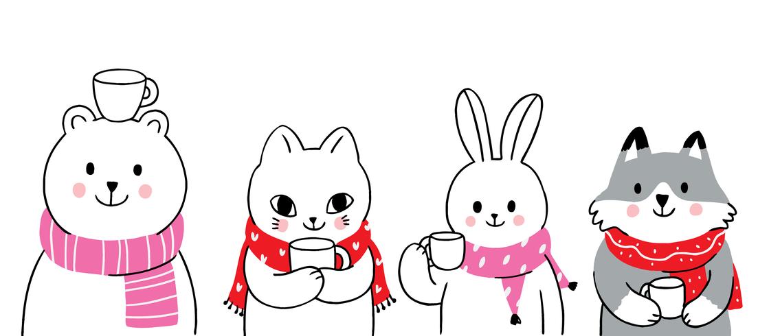 animales invierno, oso y conejo y gato y zorro bebiendo café vector