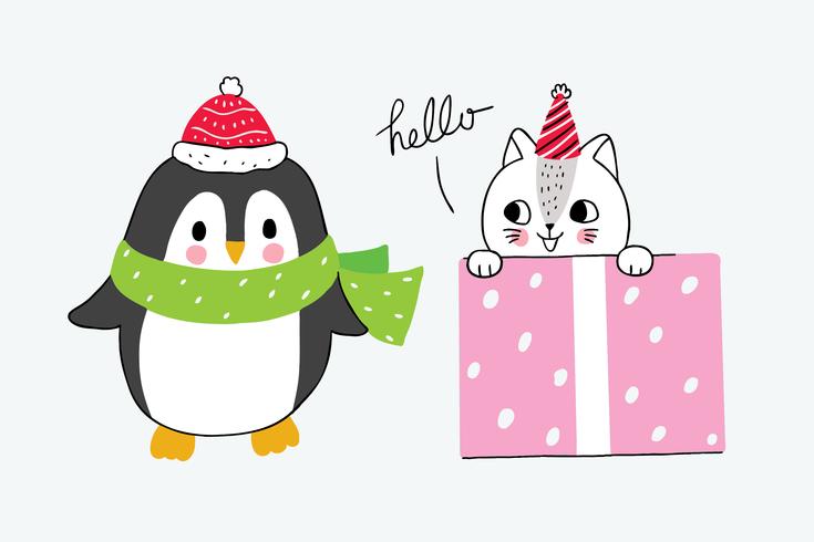 Winter Penguin And Cat In Girl Box Download Free Vectors
