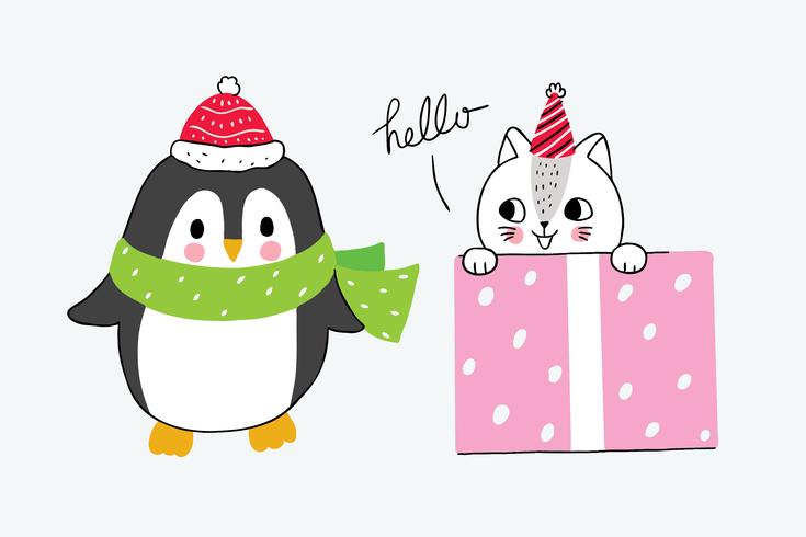 Pingüino de invierno y gato en caja chica vector