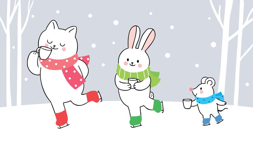 Cat, rabbit and mouse ice skating  vector