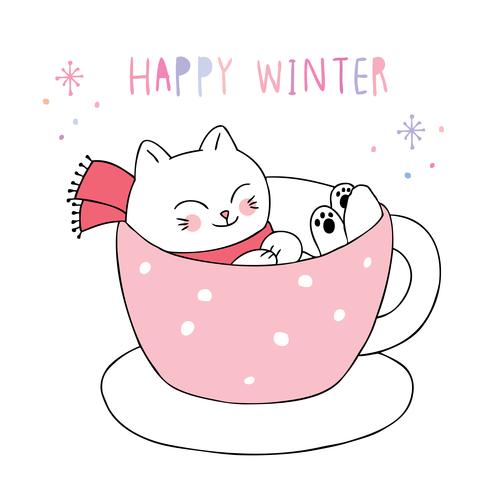 Feliz gato de invierno en taza vector