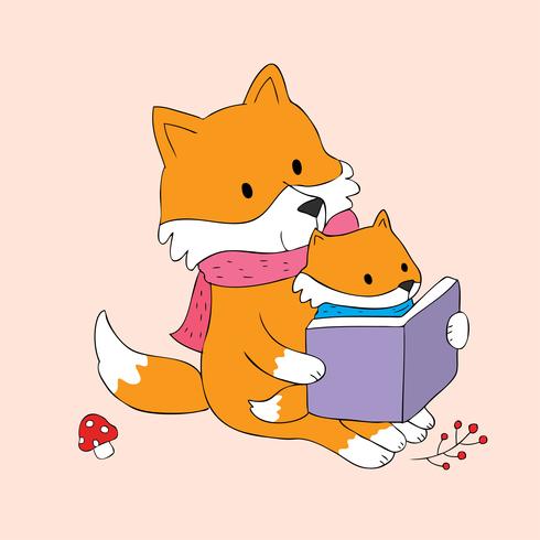  red fox mommy and baby reading a book vector