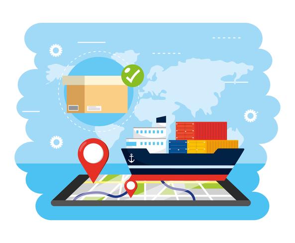 Ship delivery service with package and smartphone gps tracking  vector