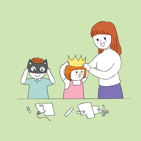 teacher woman and students in paper crafts classroom vector