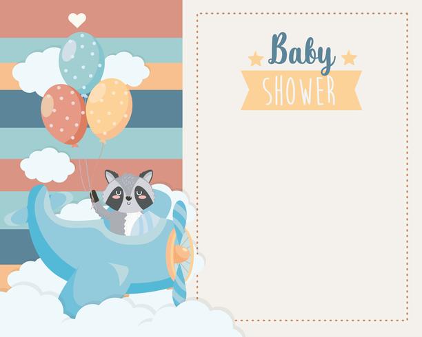 Tarjeta de Baby Shower con mapache en avión con globos vector
