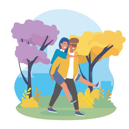 Man carrying woman on back in park  vector