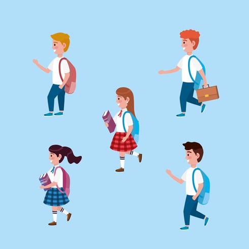 Set of side view of students with backpacks vector