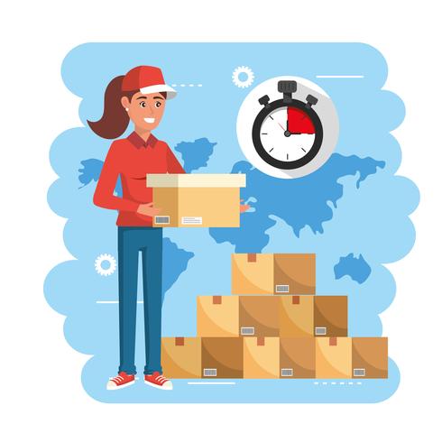 Delivery woman holding box with stopwatch and pile of packages  vector