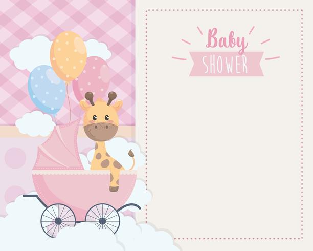 Tarjeta de Baby Shower con jirafa en carro vector