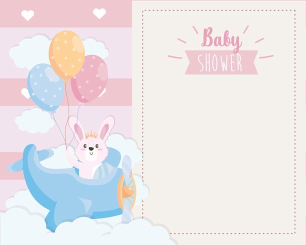 Tarjeta de Baby Shower con conejito en avión con globos vector