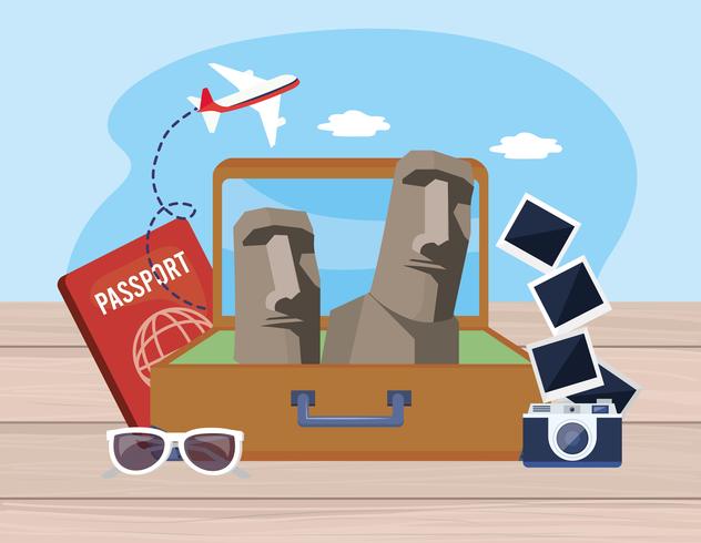 Easter island statues in suitcase with passport and camera with photos  vector