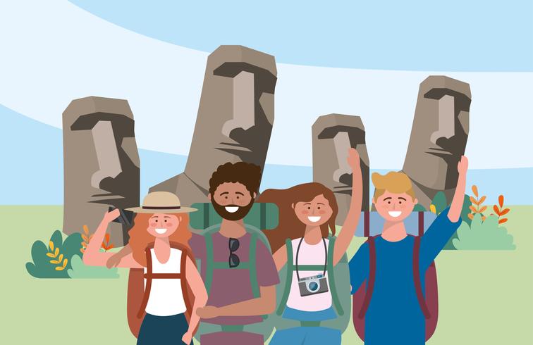 Group of men and women tourists in front of easter island statues  vector