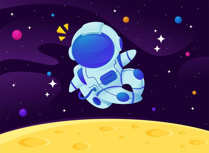 Vector de dibujos animados astronautas flotando en la galaxia con un fondo de estrellas brillantes.