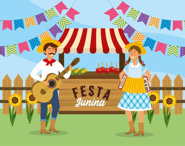 Hombre y mujer con guitarra y acordeón Festa Junina vector