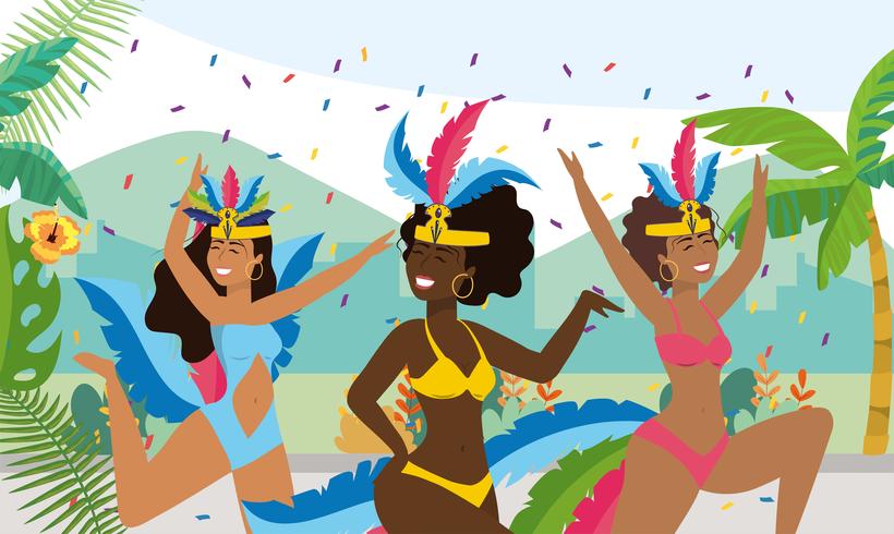 Female carnival dancers with confetti on street vector