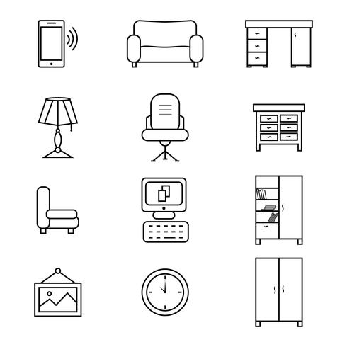 Conjunto de iconos de muebles planos para la oficina vector