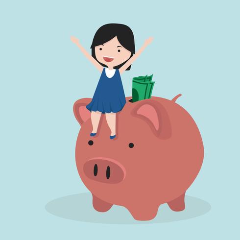 small girl riding Piggy bank vector