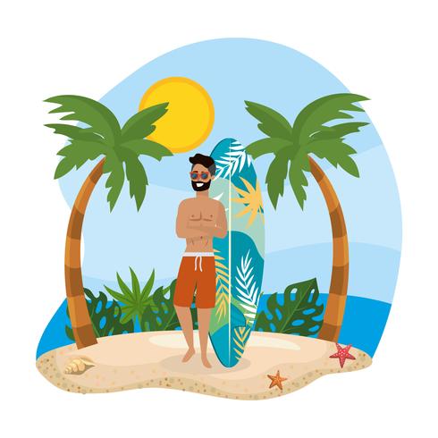 Man in bathing suit standing by surfboard on beach  vector