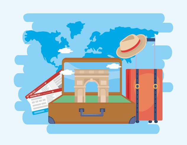 Arc de triomphe in suitcase with airplane tickets and hat  vector