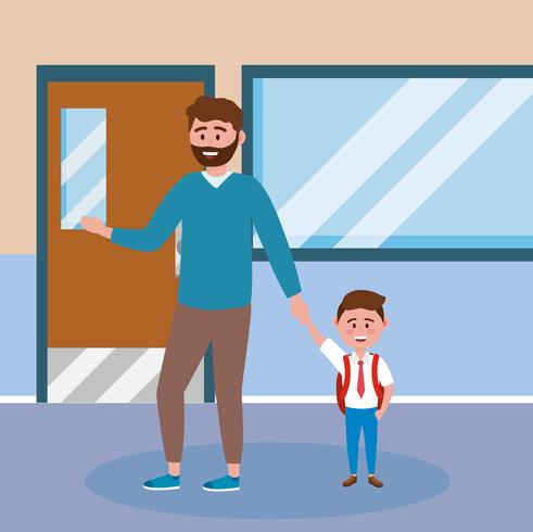 Padre con barba cogidos de la mano con el hijo en la escuela vector