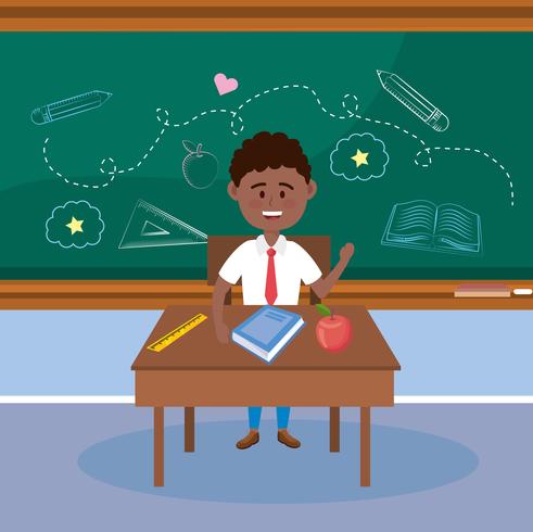 African american male student in uniform at desk  vector