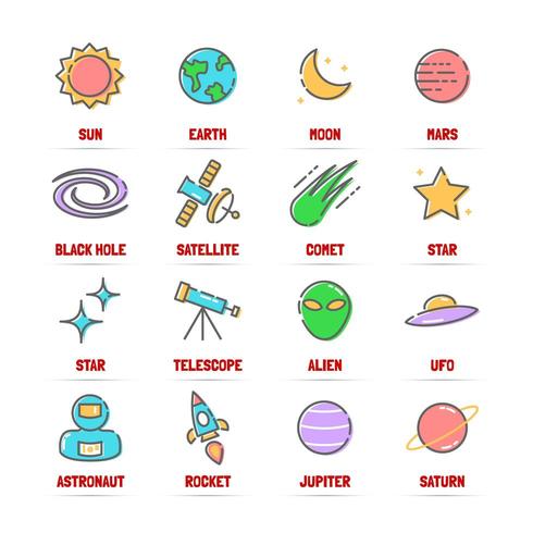 iconos de línea de vector espacial con colores planos