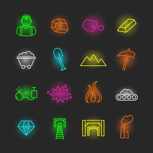 conjunto de iconos de neón de minería vector