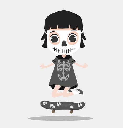 Kid personaje de halloween con esqueleto con patineta vector