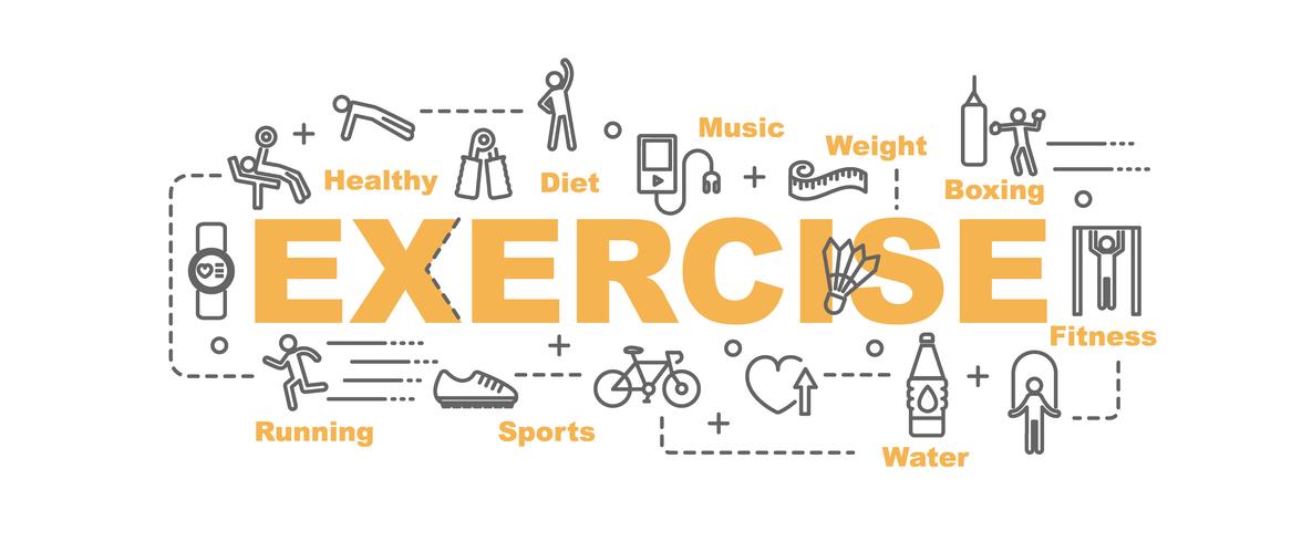 exercise banner with line art equipment and fitness icons vector