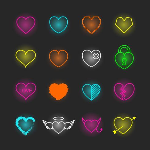 conjunto de iconos de neón del corazón vector