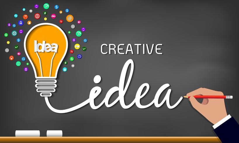 Light bulb and icons. Spark success in business drawing on blackboard background vector