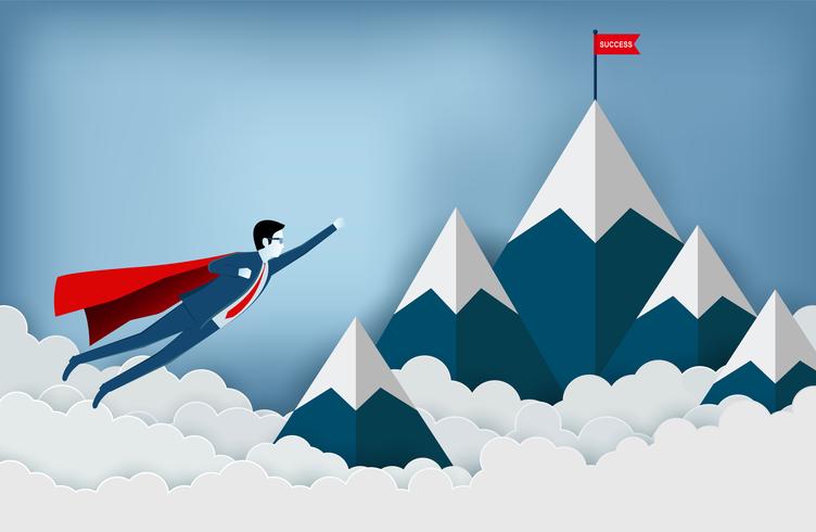 superhero businessmen flying to the red flag target on mountains vector