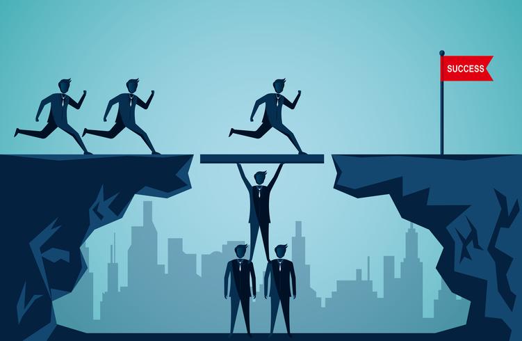 Businessmen working together to make a bridge on a mountain and reach the goal vector