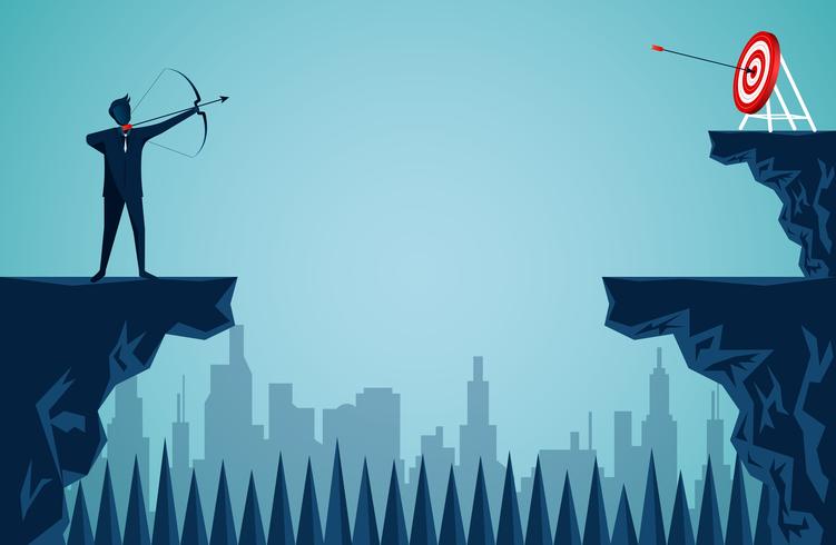 business man standing on a cliff shooting an arrow across the cliff to the target vector