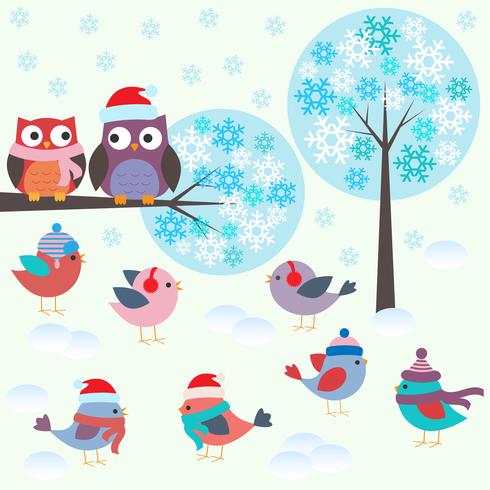 Birds and owls in winter forest vector