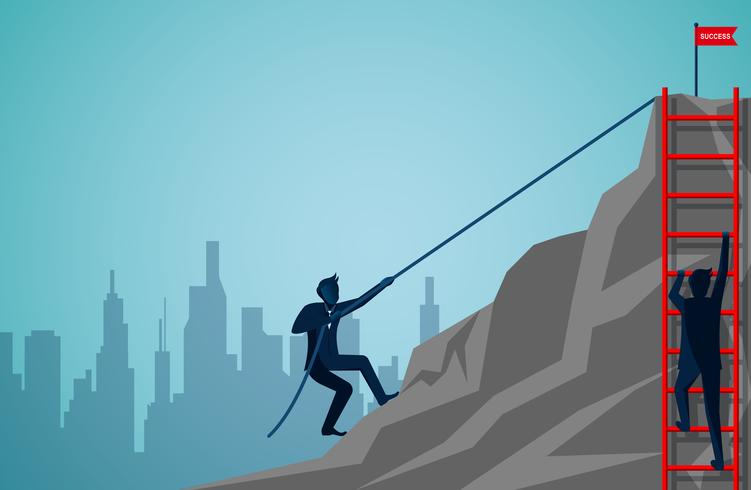 Two businessmen are competing by climbing up the mountain with ropes and stairs vector