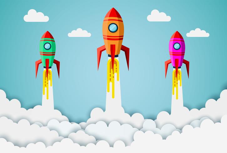 Rockets flying in sky between clouds vector