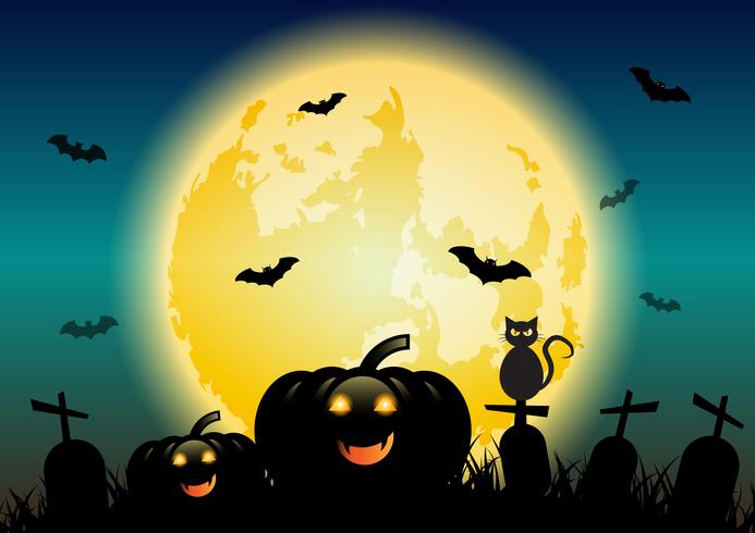 Halloween night background with glowing moon and pumpkins vector