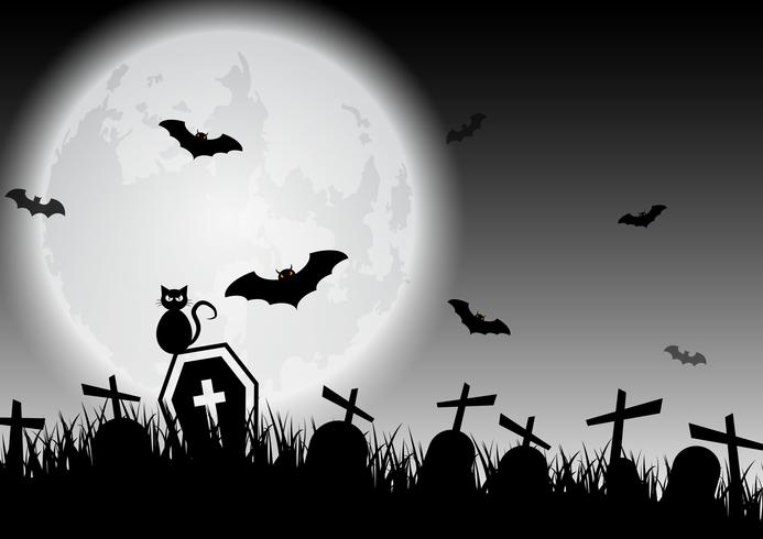 Spooky black and white Halloween moon over graveyard vector