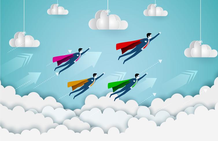 Superhero businessman flying in sky with arrows