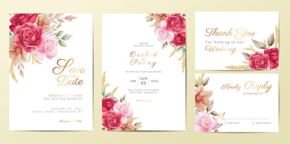 Conjunto de plantillas de tarjetas de invitación de boda flores románticas. Decoración de flores de acuarela Ahorre la fecha, invitación, saludo, gracias, tarjetas de RSVP vector