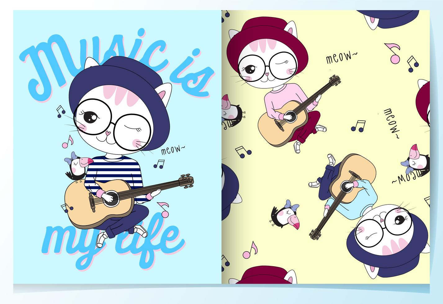 Hand drawn cute cat playing guitar with typography pattern set 673325