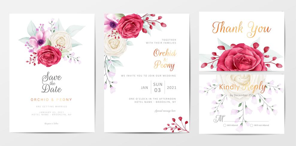 Romantic flowers wedding invitation cards template set vector