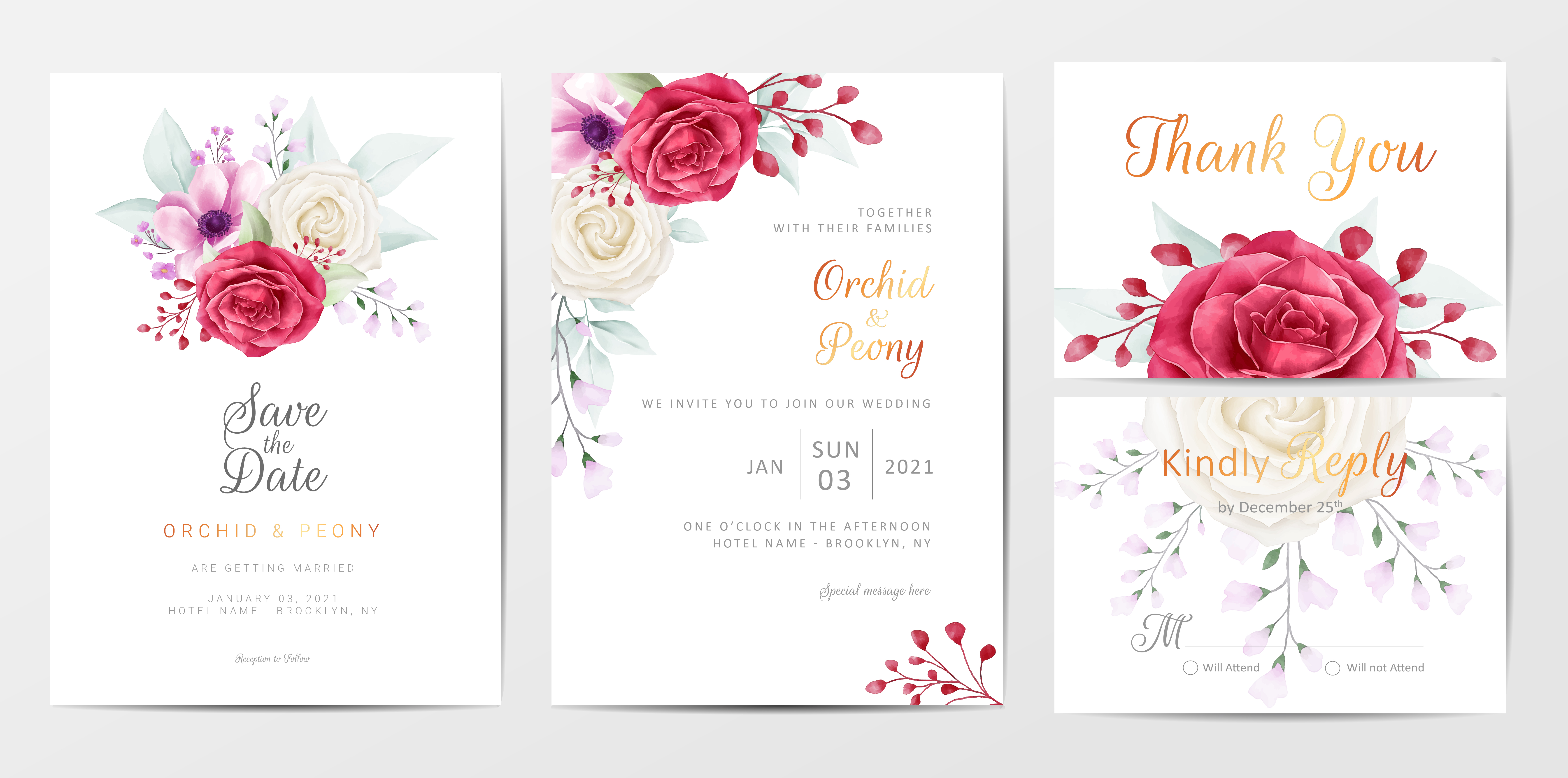 Romantic flowers wedding invitation cards template set 673335 Vector ...
