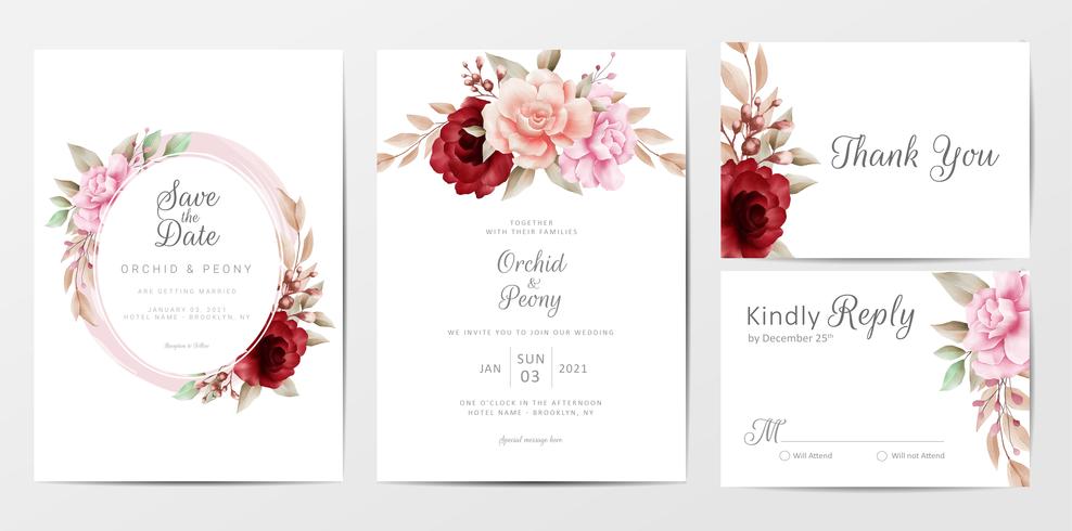Elegante invitación de boda con flores de acuarela vector