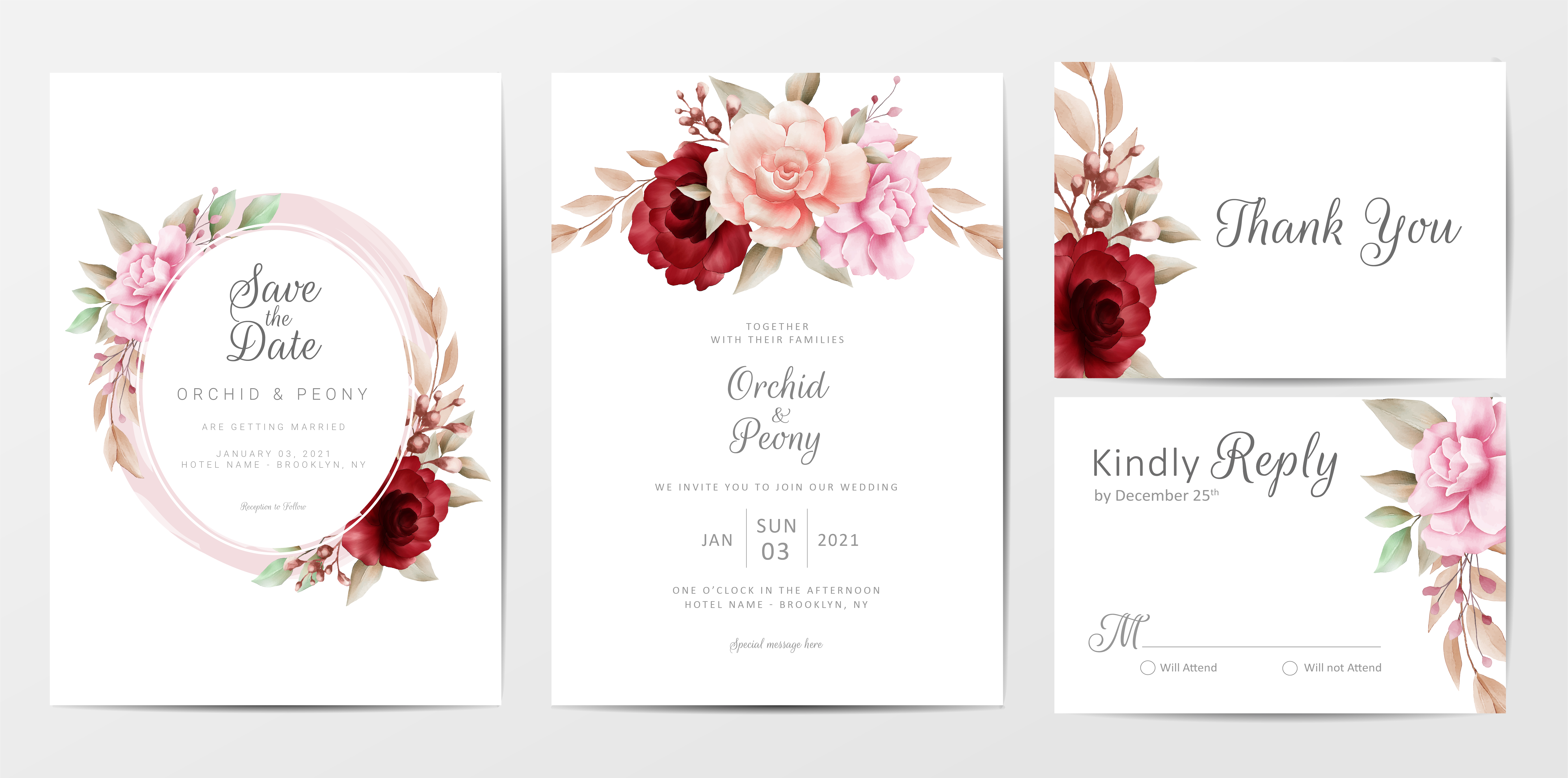 Elegant wedding invitation set with watercolor flowers 673357 Vector Art at Vecteezy