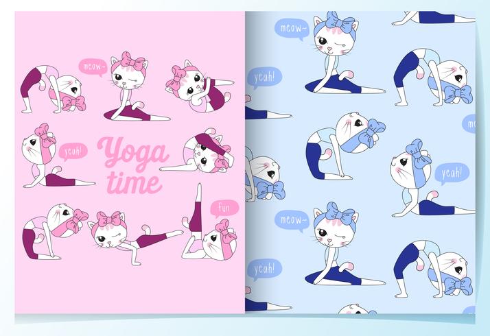 Hand drawn cute cat yoga poses with pattern set vector