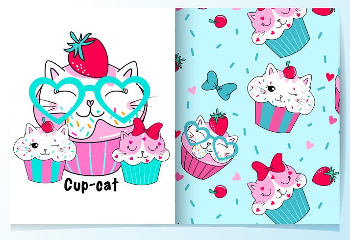 Tortas de taza de gato lindo dibujado a mano con conjunto de patrones vector