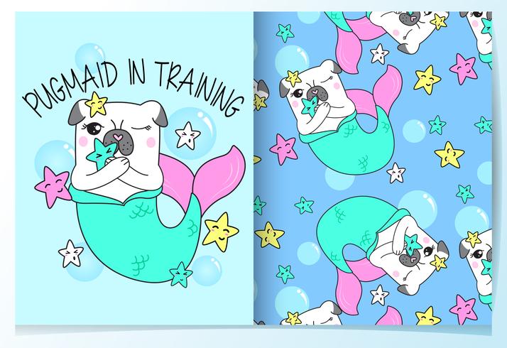 Hand drawn cute pug mermaid with pattern set vector